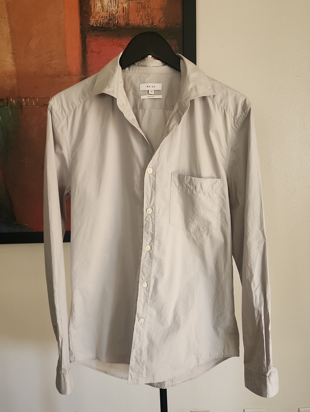 Reiss Men’s Cotton Slim Fit Light Sage Green Button Up Shirt Tailored Minimalist